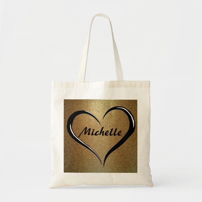 Personalised Name Tote Bag on Gold & Black Heart (Front)