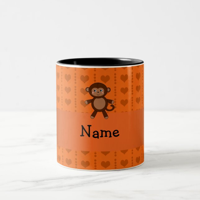 Personalised name toy monkey orange hearts Two-Tone coffee mug (Center)