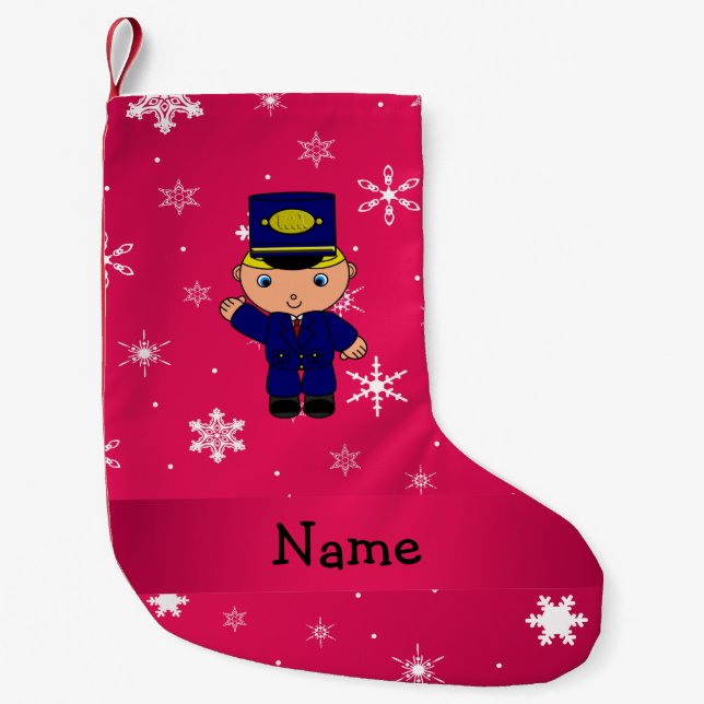 Personalised name train conductor pink snowflakes small christmas stocking (Front)