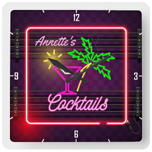 Personalised NAME Tropical Neon Style Cocktail Bar Square Wall Clock