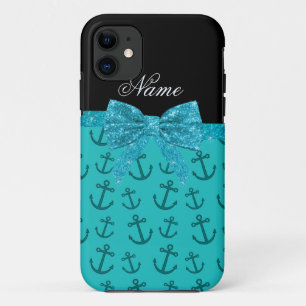 Personalised name turquoise anchors glitter bow iPhone 11 case