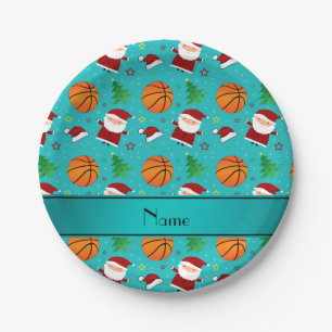 Personalised name turquoise basketball christmas paper plate
