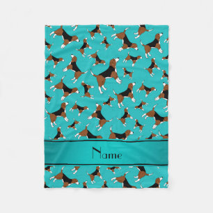 Personalised name turquoise beagle dog pattern fleece blanket
