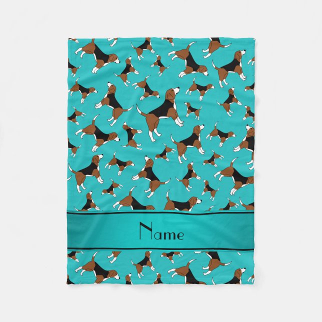 Personalised name turquoise beagle dog pattern fleece blanket (Front)