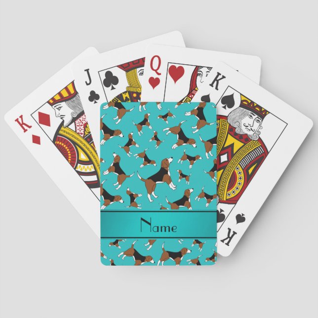 Personalised name turquoise beagle dog pattern playing cards (Back)