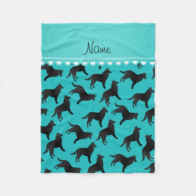 Personalised name turquoise belgian sheepdog fleece blanket (Front)