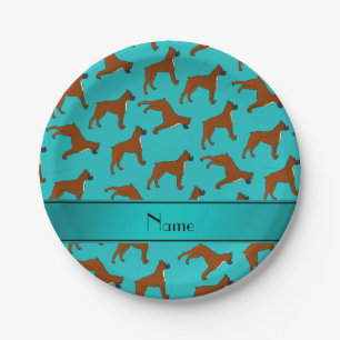 Personalised name turquoise boxer dog pattern paper plate