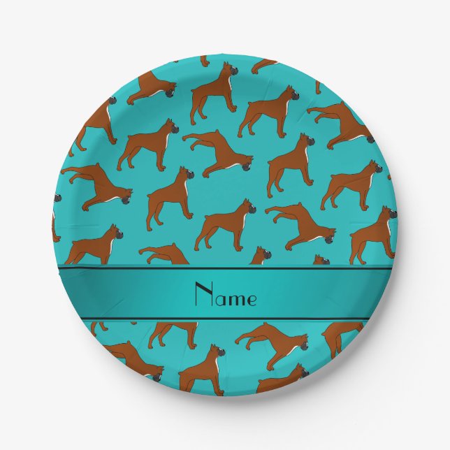 Personalised name turquoise boxer dog pattern paper plate (Front)