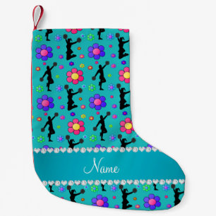 Personalised name turquoise cheerleading flowers small christmas stocking