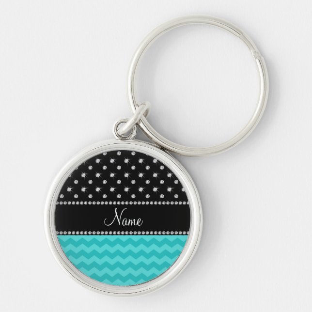 Personalised name turquoise chevrons black diamond key ring (Front)