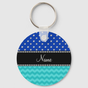 Personalised name turquoise chevrons blue diamonds key ring