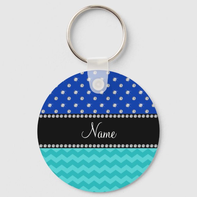 Personalised name turquoise chevrons blue diamonds key ring (Front)