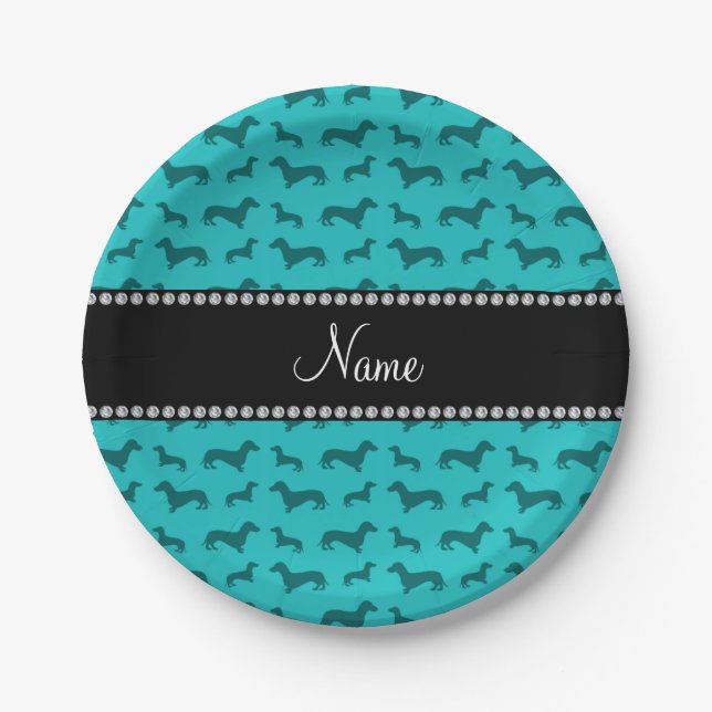 Personalised name turquoise dachshunds paper plate (Front)