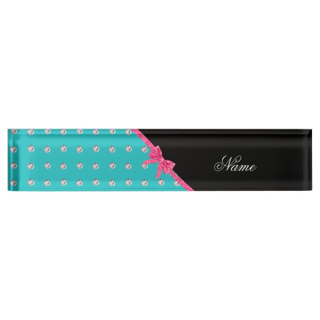 Personalised name turquoise diamonds pink bow nameplate (Front)