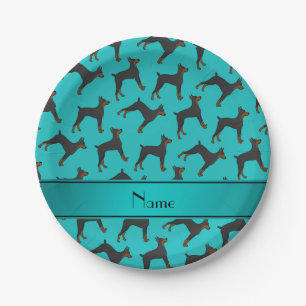 Personalised name turquoise doberman pinschers paper plate