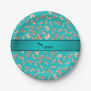 Personalised name turquoise dominos paper plate