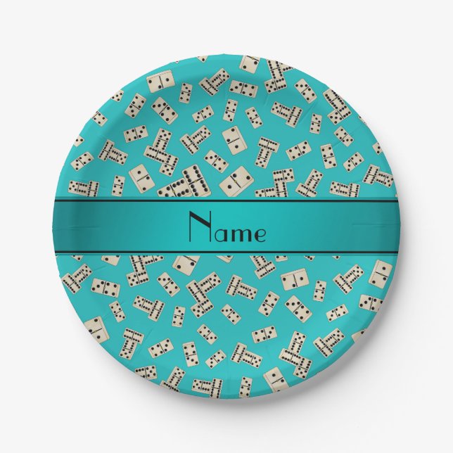 Personalised name turquoise dominos paper plate (Front)