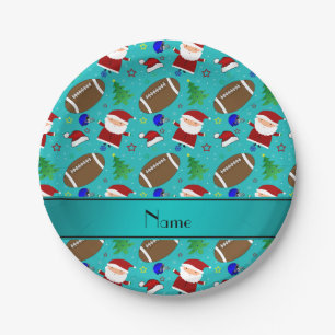 Personalised name turquoise football christmas paper plate