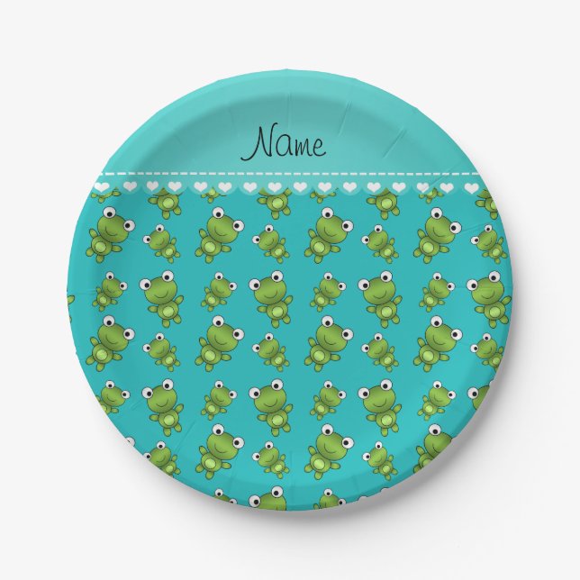 Personalised name turquoise frogs paper plate (Front)