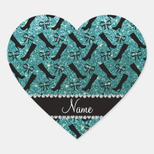 Personalised name turquoise glitter boots bows heart sticker