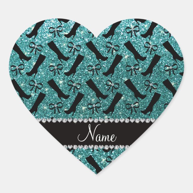 Personalised name turquoise glitter boots bows heart sticker (Front)