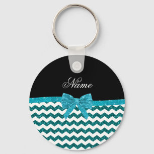 Personalised name turquoise glitter chevrons bow key ring