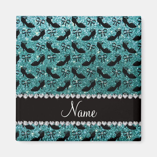 Personalised name turquoise glitter fancy shoe bow magnet (Front)
