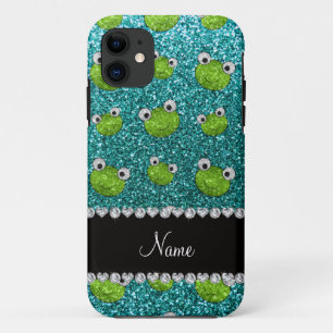 Personalised name turquoise glitter frogs iPhone 11 case