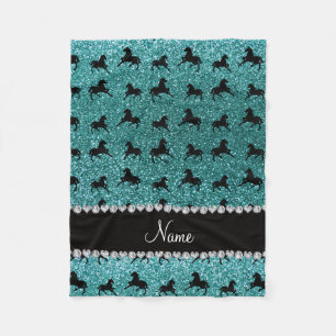 Personalised name turquoise glitter horses fleece blanket