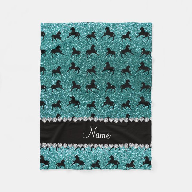 Personalised name turquoise glitter horses fleece blanket (Front)