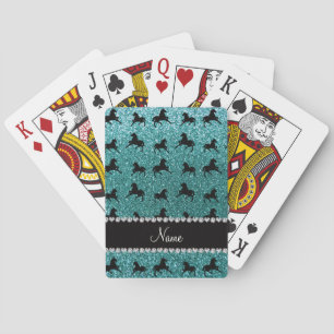 Personalised name turquoise glitter horses playing cards