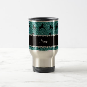 Personalised name turquoise glitter horses travel mug