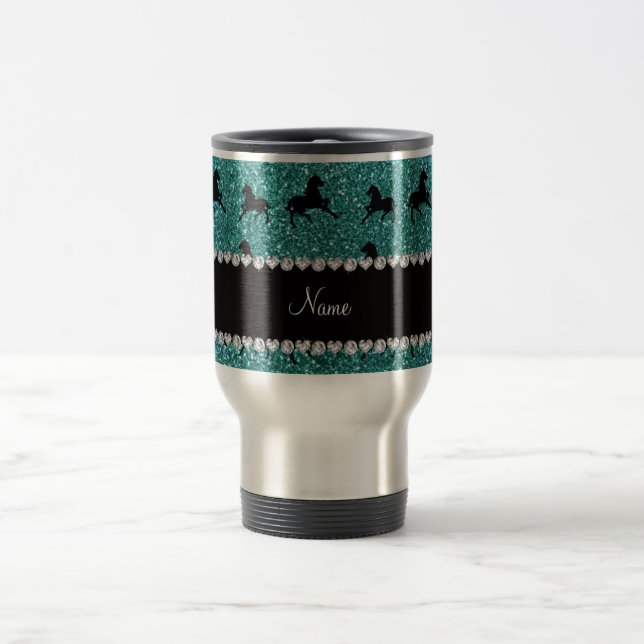 Personalised name turquoise glitter horses travel mug (Center)