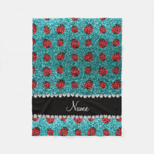 Personalised name turquoise glitter ladybug fleece blanket
