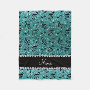 Personalised name turquoise glitter music notes fleece blanket