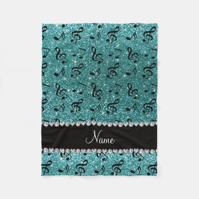 Personalised name turquoise glitter music notes fleece blanket (Front)