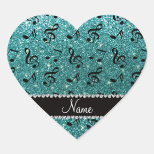 Personalised name turquoise glitter music notes heart sticker