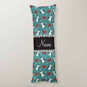 Personalised name turquoise glitter penguins heart body cushion