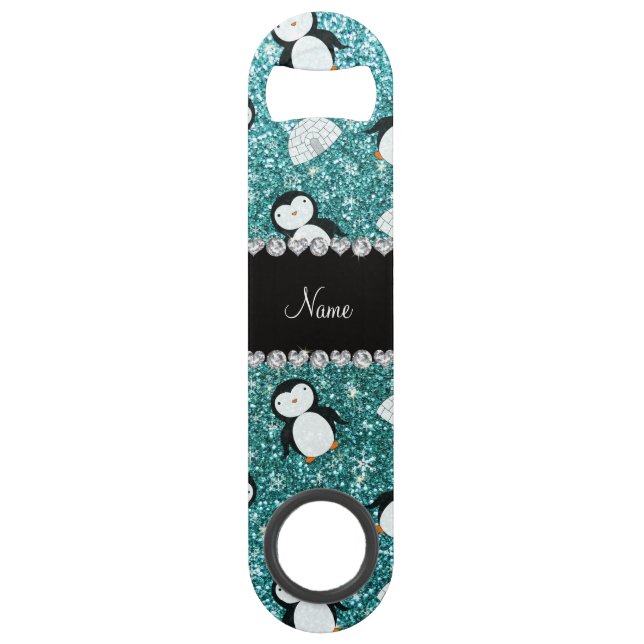 Personalised name turquoise glitter penguins igloo (Front)