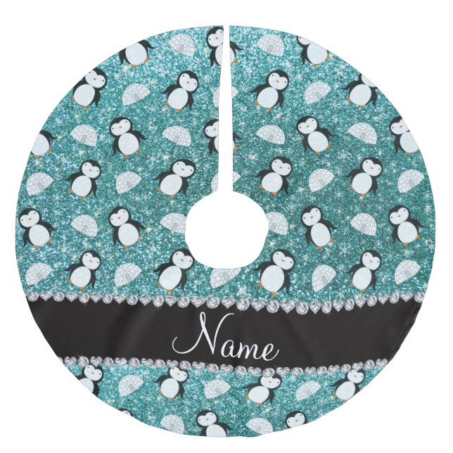 Personalised name turquoise glitter penguins igloo brushed polyester tree skirt (Front)