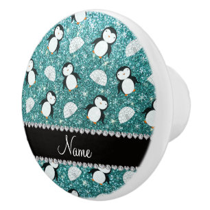 Personalised name turquoise glitter penguins igloo ceramic knob