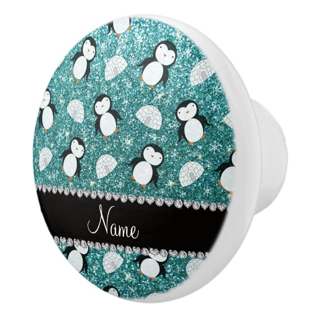 Personalised name turquoise glitter penguins igloo ceramic knob (Right)