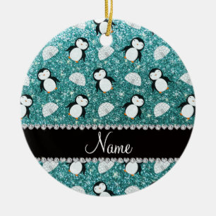 Personalised name turquoise glitter penguins igloo ceramic ornament