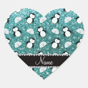 Personalised name turquoise glitter penguins igloo heart sticker