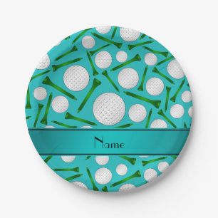 Personalised name turquoise golf balls tees paper plate