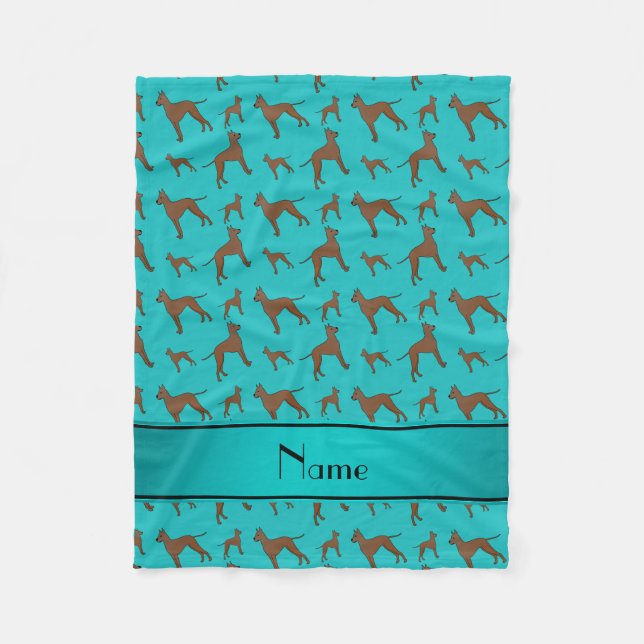 Personalised name turquoise great dane dogs fleece blanket (Front)
