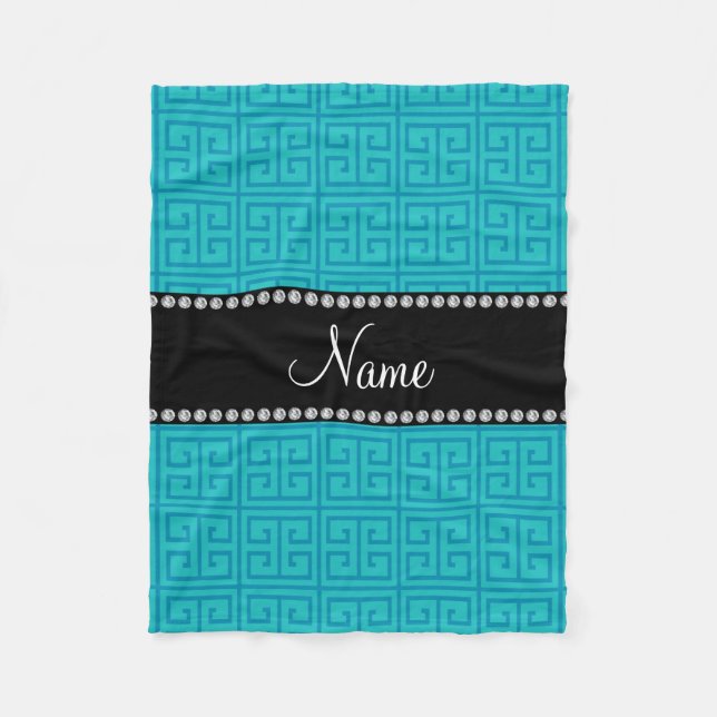 Personalised name turquoise greek key pattern fleece blanket (Front)