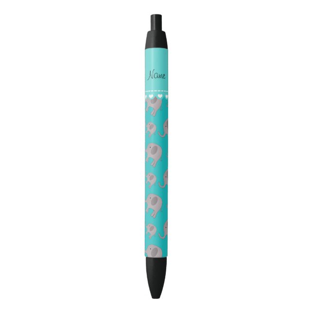 Personalised name turquoise grey elephants black ink pen (Front Vertical)