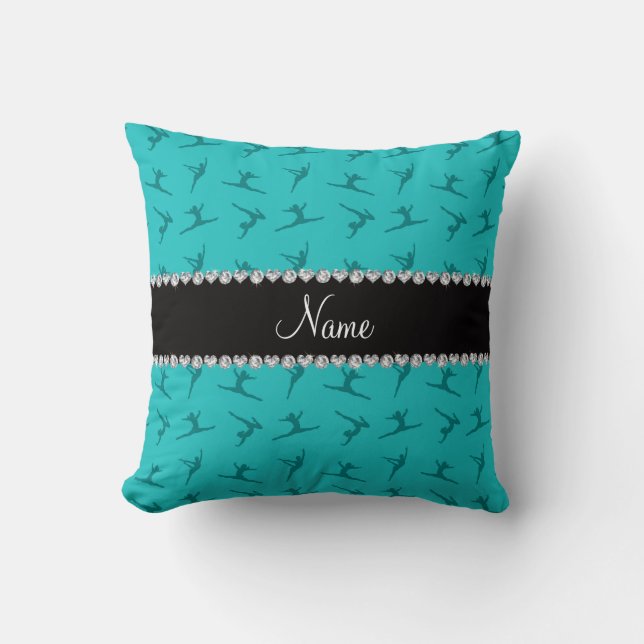 Personalised name turquoise gymnastics pattern cushion (Front)