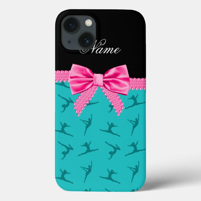 Personalised name turquoise gymnastics pink bow Case-Mate iPhone case (Back)
